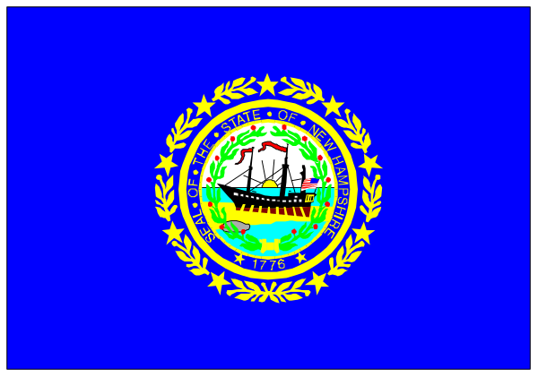 The flag of a state with its seal on it displayed against blue backgrounds within two black borders.