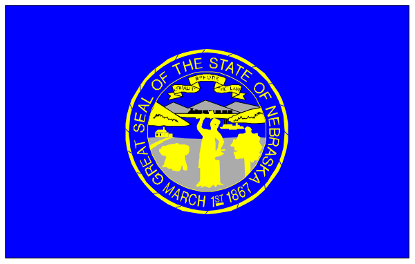The flag of nebraska with a blue background featuring white text that reads "NEBRASKA STATE OF THE UNION" in capital letters at top center; below it is an image depicting two crossed arrows and three stars, each representing one of Nebraska's five panhandle counties.