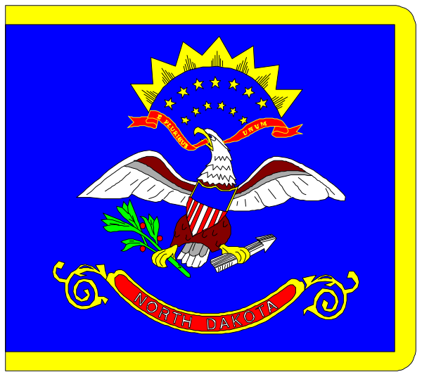 The flag of North Dakota with a bald eagle on it flying over an American banner.