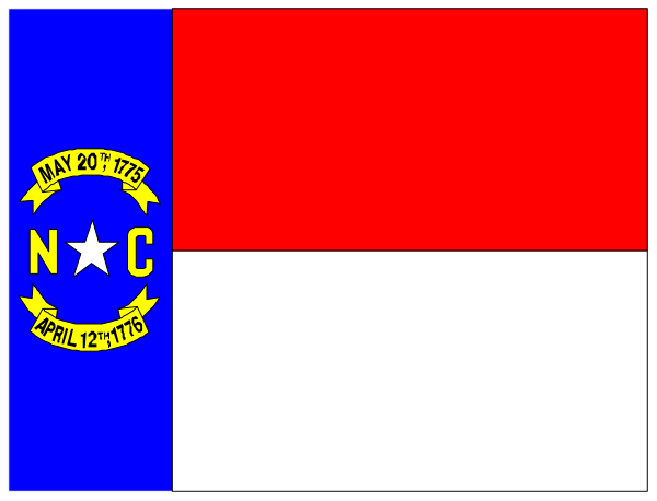 The flag of North Carolina with a blue background on top left corner next to another smaller rectangular American state's flag in bottom right corner.