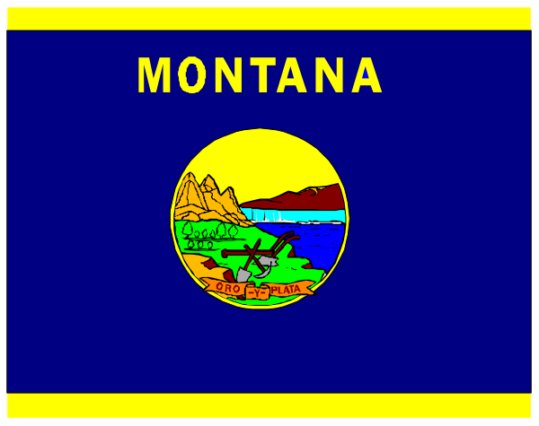 The image shows a stylized representation of Montana with its state flag on it against a blue background.