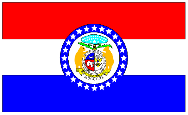 The flag of Missouri with a red banner across it displaying text at each end that reads "1980" on one side and an emblem resembling a shield in between featuring what appears to be two crossed swords, flanked by stars above them; below the shield is additional text.