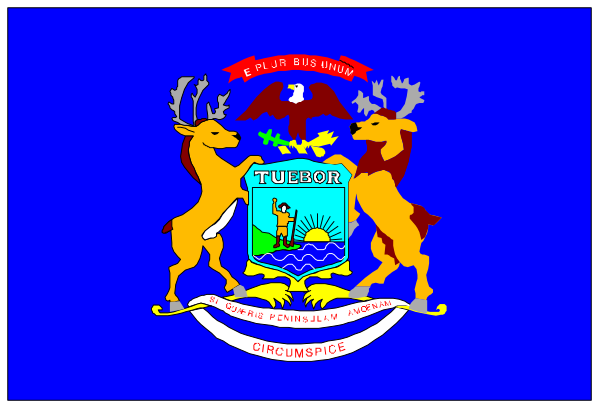 The image shows a blue flag with an emblem featuring two deer heads on either side of a shield that has text inside it; above this is another smaller crest containing more symbols including what appears to be a castle and some heraldic elements, all set against a dark background in the upper portion.