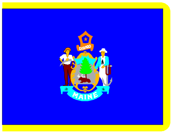 The image shows a blue flag with an emblem of two crossed swords on it, set against a white background at the top right corner; below this is text that reads "MAINE" in large yellow letters and beneath them there's another line of smaller black lettering which appears to be illegible.