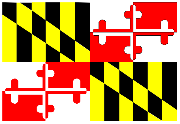 The image shows a Maryland flag with puzzle pieces on it displayed across four panels against different backgrounds: blue for top left, red for bottom right, white for middle left, and black for center right.