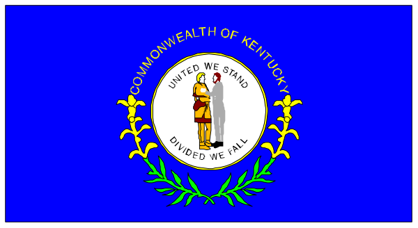 The image shows a flag with text that reads "COMMONWEALTH OF KENTUCKY" at top in capital letters on blue background; below it is an emblem featuring two crossed swords, flanked by laurel branches and topped with stars above them.