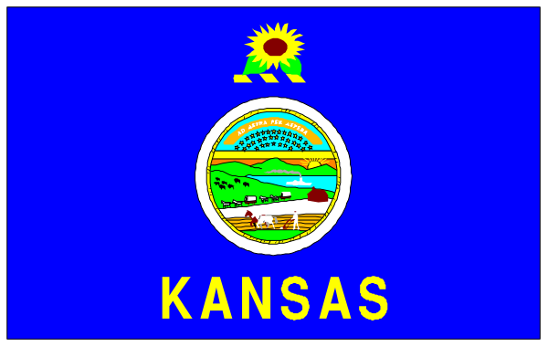 The flag of Kansas with a sunset background behind it.