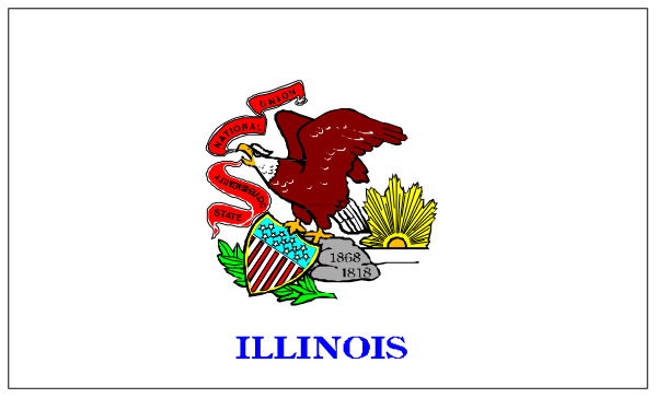 The image shows a graphic representation of an Illinois state flag with text above it that reads "ILLINOIS."