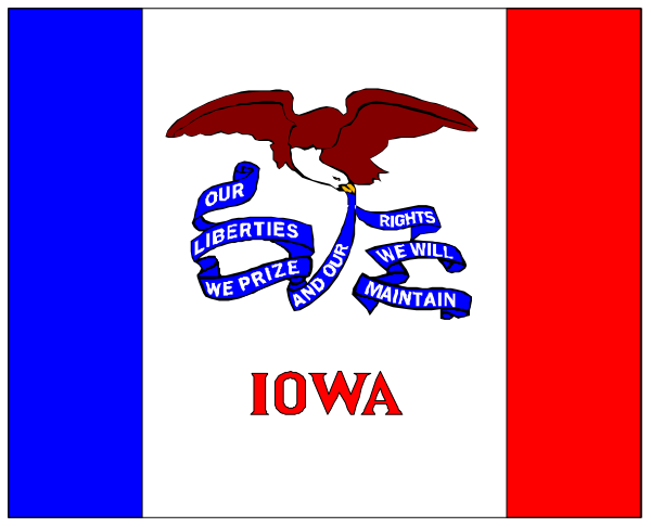 The flag of Iowa with a banner below it that reads "WE WILL MAINTAIN OUR LIBERTIES AND WE PRIDE IN THEM".