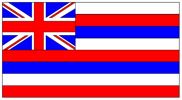 The flag of Hawaii with a British Union Jack on top flying over it against an American Flag background.