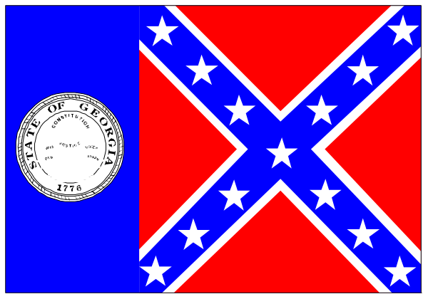 The flag of Georgia with a Confederate States Army insignia on it is displayed next to an American state seal from Georgia in this image.