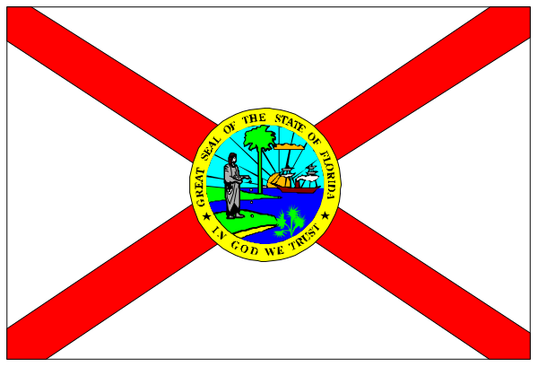 The flag of Florida with a banner across it that reads "In God We Trust."