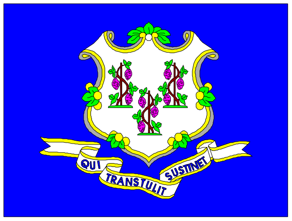 The flag of new york with a banner below it that reads "qui est qui transit"