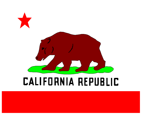 The California state flag with a bear on it flying above two flags of other states.