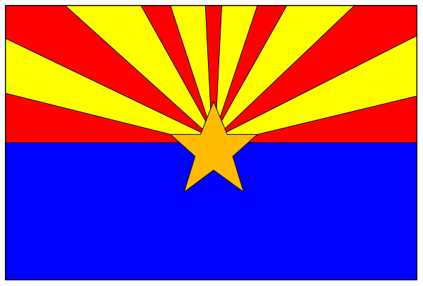 The image shows a stylized representation of an Arizona state flag with its distinctive red border on top against a white background in one corner; there is also another smaller rectangular blue area at bottom right that appears to be part of a larger design, possibly representing water or sky.