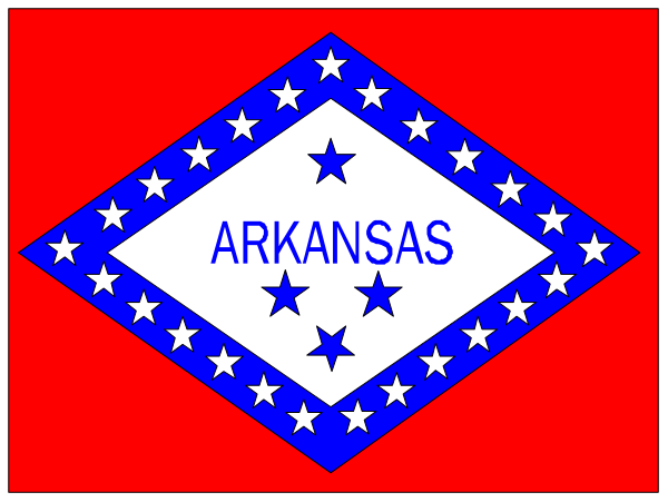 The image shows a flag with two distinct designs: on top half has stars representing states of America; bottom half displays "Arkansas" written in white text against red background within an outline that resembles state's shape, and below it is another smaller design featuring more star shapes forming the word 'ARKANSAS'.