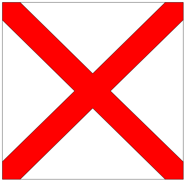 The image shows a red cross on white background with an X through it inside of another larger square that has four smaller squares in each corner forming a border around its perimeter.