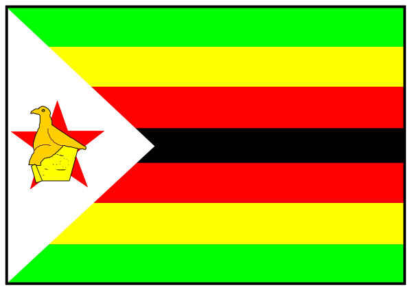 The flag of Zimbabwe with a bird on it flying over two flags: Ethiopia's green yellow red white black stripes and South Africa's six-pointed star symbolizing unity, freedom & democracy