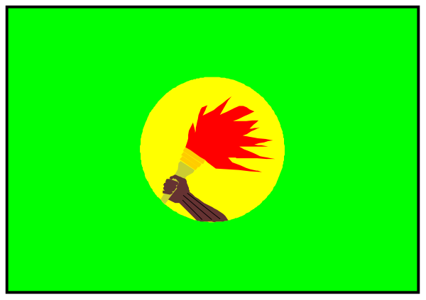 The image shows a cartoon of an animated character with red hair holding what appears to be fireballs on either side in front of them while standing next to a green door frame that has been knocked over by something, possibly another object not visible within this clip-art style illustration.