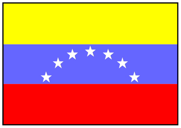 The flag of Venezuela with a yellow border around it on top of another rectangle that has white stars inside it against a gray background.