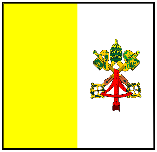 The flag of Vatican City with a yellow background on top half and white bottom half featuring an emblem that includes crossed keys over two swords under a shield bearing a cross.