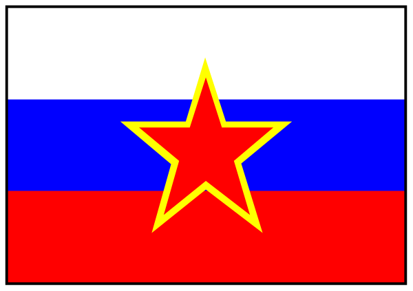 The image shows a pixelated representation of two flags: on the left side is Russia's flag with its distinctive tricolors; to the right is Ukraine's flag featuring blue and yellow horizontal stripes, along with an emblem that includes a tryzub (a stylized cross) in white.
