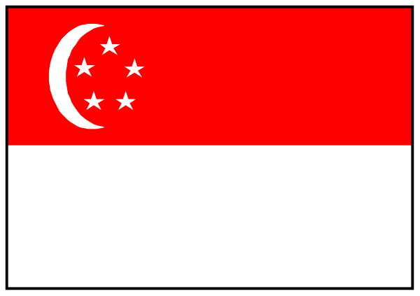The flag of Singapore with a white border around it on top left corner of an otherwise empty square background.