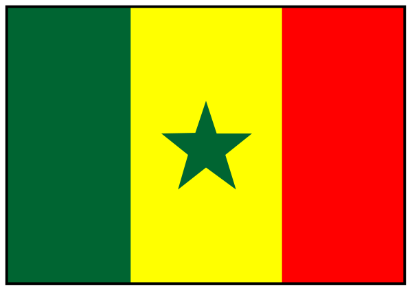 The flag of Senegal on a sticker next to another similar but different colored flag with an emblem that resembles a star in red against white backgrounds.