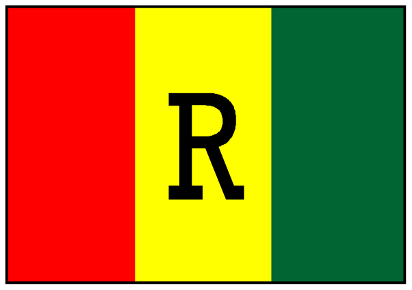 The flag of Rwanda with a red "R" on it next to another green flag labeled 'Ug'.