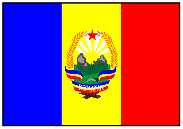 The flag of Romania on a banner with two other flags beside it against a red background.