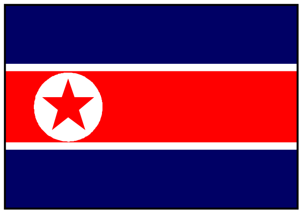The image shows a pixelated representation of North Korea's flag on what appears to be an electronic device with a battery-like shape in blue and red hues.