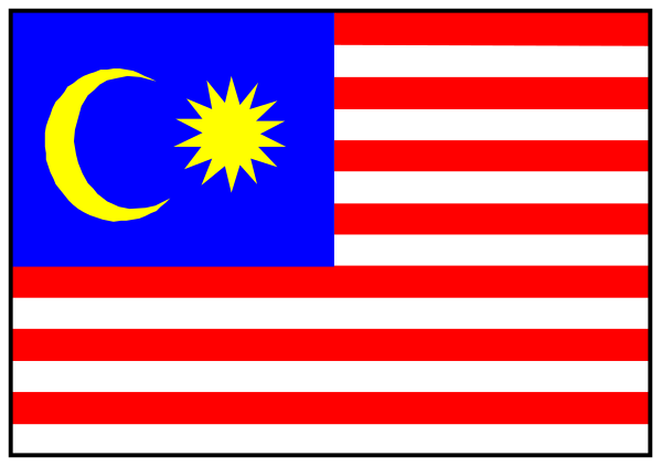 The flag of Malaysia with a crescent moon on it next to another country's flag that is partially obscured by an image frame.