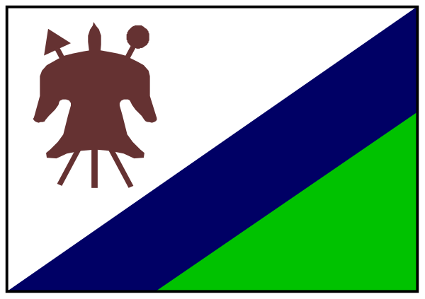The flag of a fictional country with two distinct halves: on top is blue with white stars; below it has green stripes flanked by red borders at both ends.