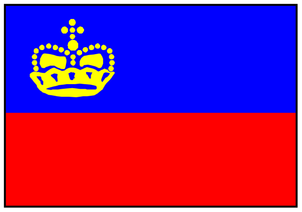 The flag of a country with red stripes on either side, featuring blue and yellow designs within it; above this is another smaller image showing two flags crossed over each other in front of what appears to be an open window frame against a gray background.