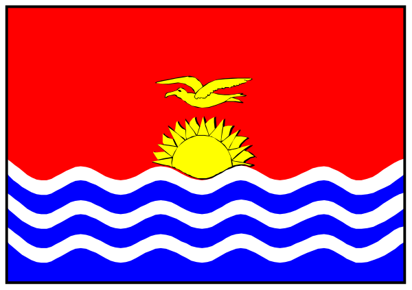 The flag of Fiji with a bird flying above it on top right corner against blue waves background.