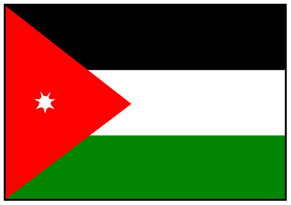 The flag of Jordan with a red stripe on its side next to it is an American flag waving from behind a podium in front of which stands a person wearing glasses holding up their hand as if making a point during a speech, and there's another smaller image within this one showing the same flags.