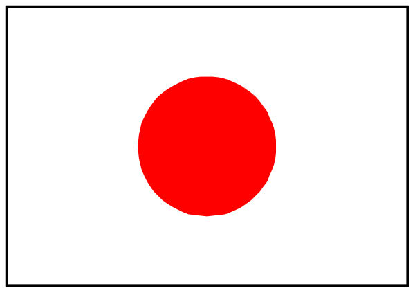 The flag of Japan with a red circle on it placed within an abstract geometric shape that resembles a window frame.
