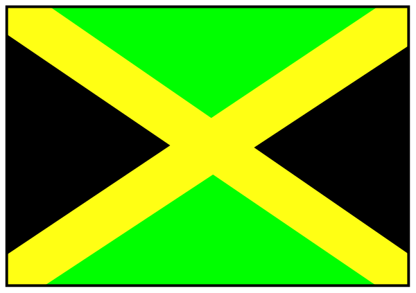 The flag of Jamaica with a cross symbolizing Saint Lucia on it is shown against a gray background.