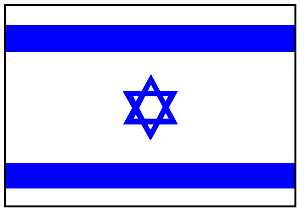 The flag of Israel with a blue Star of David on it placed next to another similar but smaller Israeli flag inside what appears to be an American state outline in gray.