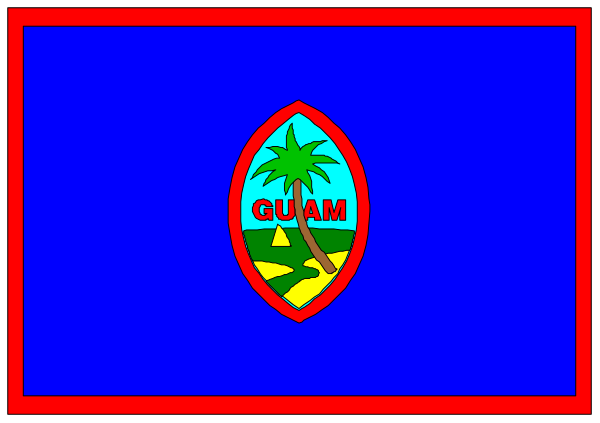 The flag of Guam with a palm tree on it displayed against blue background.