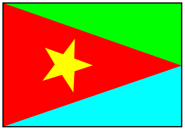 The image shows a colorful flag with stars on it flying next to another smaller red striped banner that has white text in an unreadable script.