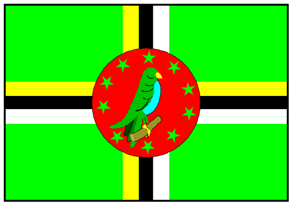 The flag of a fictional country with an eagle on it flying over a green landscape under blue skies.