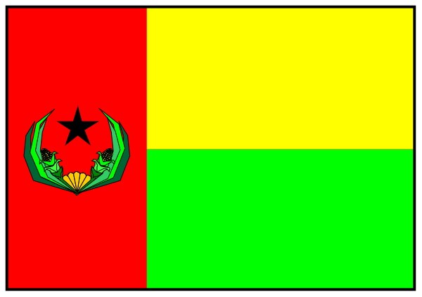 The image shows a stylized representation of two flags: on top, there is an African flag with red, yellow, green stripes; below it, another smaller flag resembles that of Romania but has different symbols and patterns in its design.
