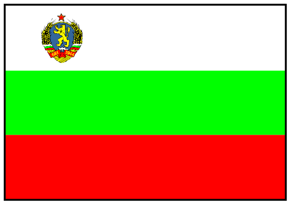 The flag of Romania with a vertical stripe dividing it into two sections: on top is white with red borders; below that section has green and yellow horizontal bands at its bottom end.