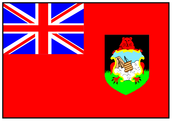The flag of a fictional country with two flags on either side: British Union Jack (left) and another red-and-blue one that resembles an island nation's coat of arms in its center, set against black background within white borders.