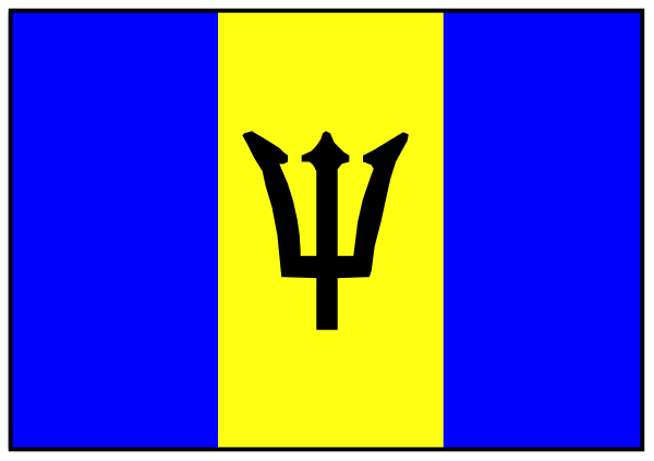 The flag of Barbados on a blue background with yellow text reading "Barbados" above it.