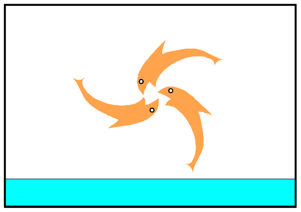 The image shows a cartoon of two fish swimming near each other with their tails intertwined above water that is blue in color; there's also an orange starfish on top left corner next to them, and below it all, there appears to be some kind of underwater structure or platform.