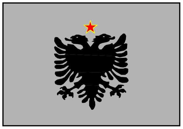 The image shows a flag with an eagle on it flying above two buildings; there is also text that reads "ALBANIA" in red letters atop one of the flags.