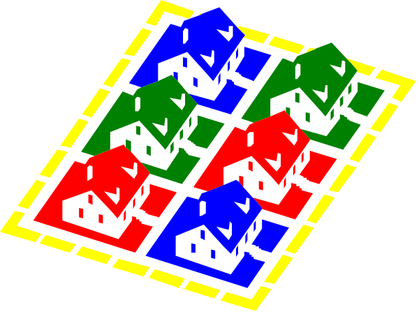 The image shows a colorful pixelated representation of houses with different colored roofs arranged on top of each other within what appears to be an outdoor space like grass or dirt.