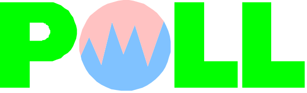 The image shows a word "POLL" with different colored letters arranged vertically against a gray background.